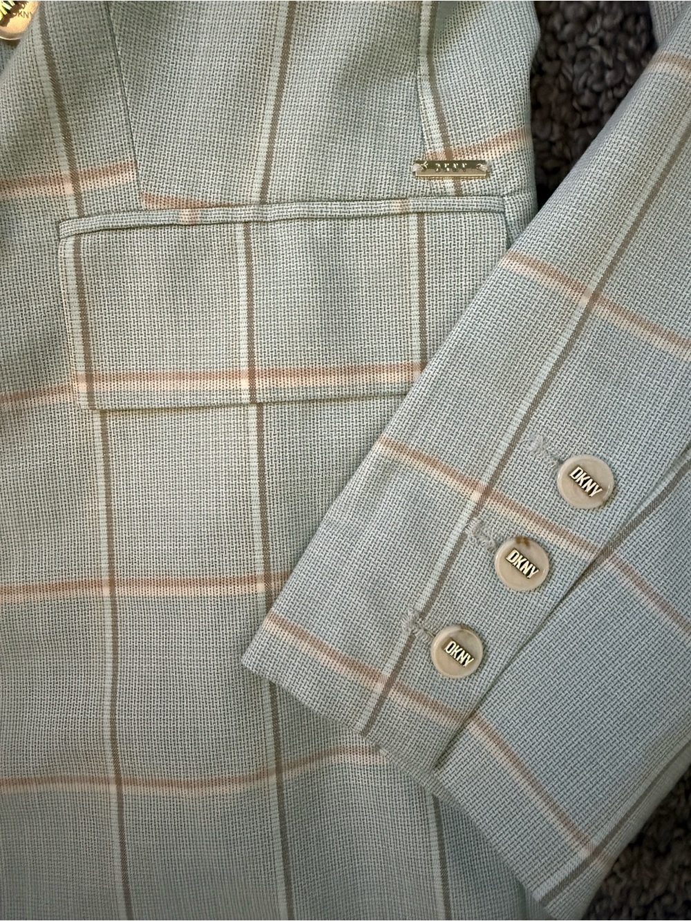 DKNY Mint Plaid Double-Breasted Blazer with Gold Buttons - Picture 6 of 6